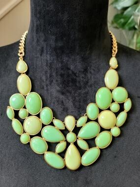 Mint Green Gold Tone Cabochon Bib Statement Necklace Chunky